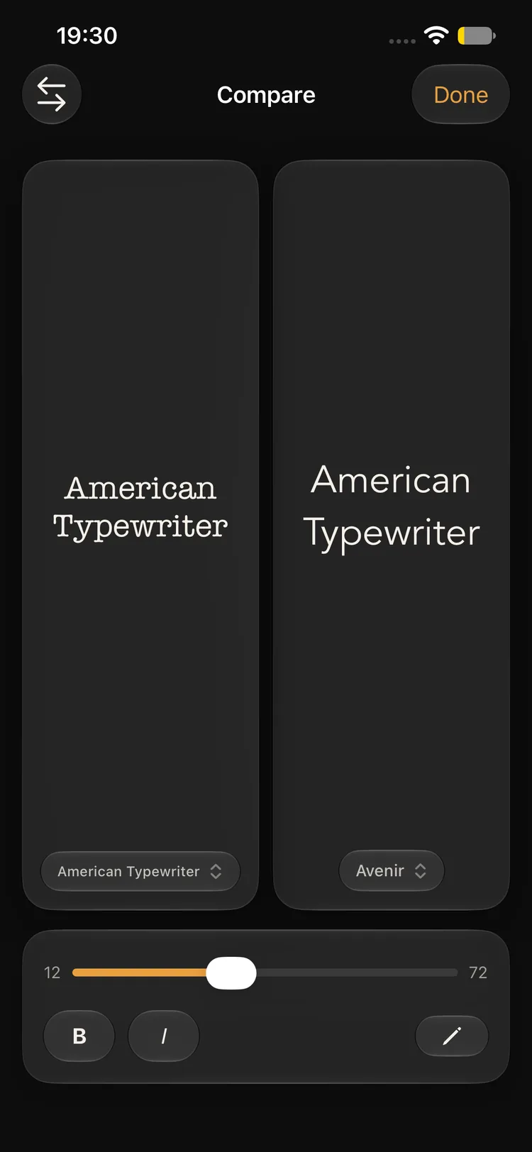 Fonti compare view, with American Typewriter and Avenir side by side.