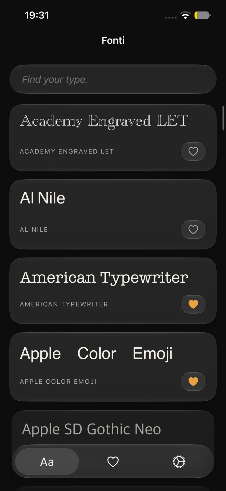 Fonti list of typefaces, from Academy Engraved to Apple SD Gothic Neo.