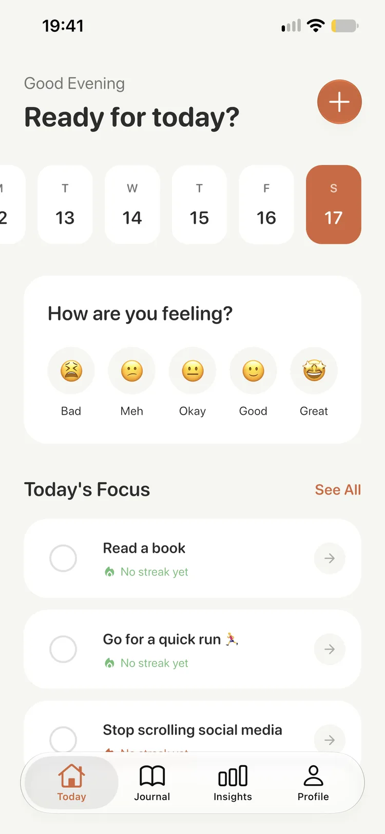 Hubbit today screen, with a mood check-in and the day's habits.