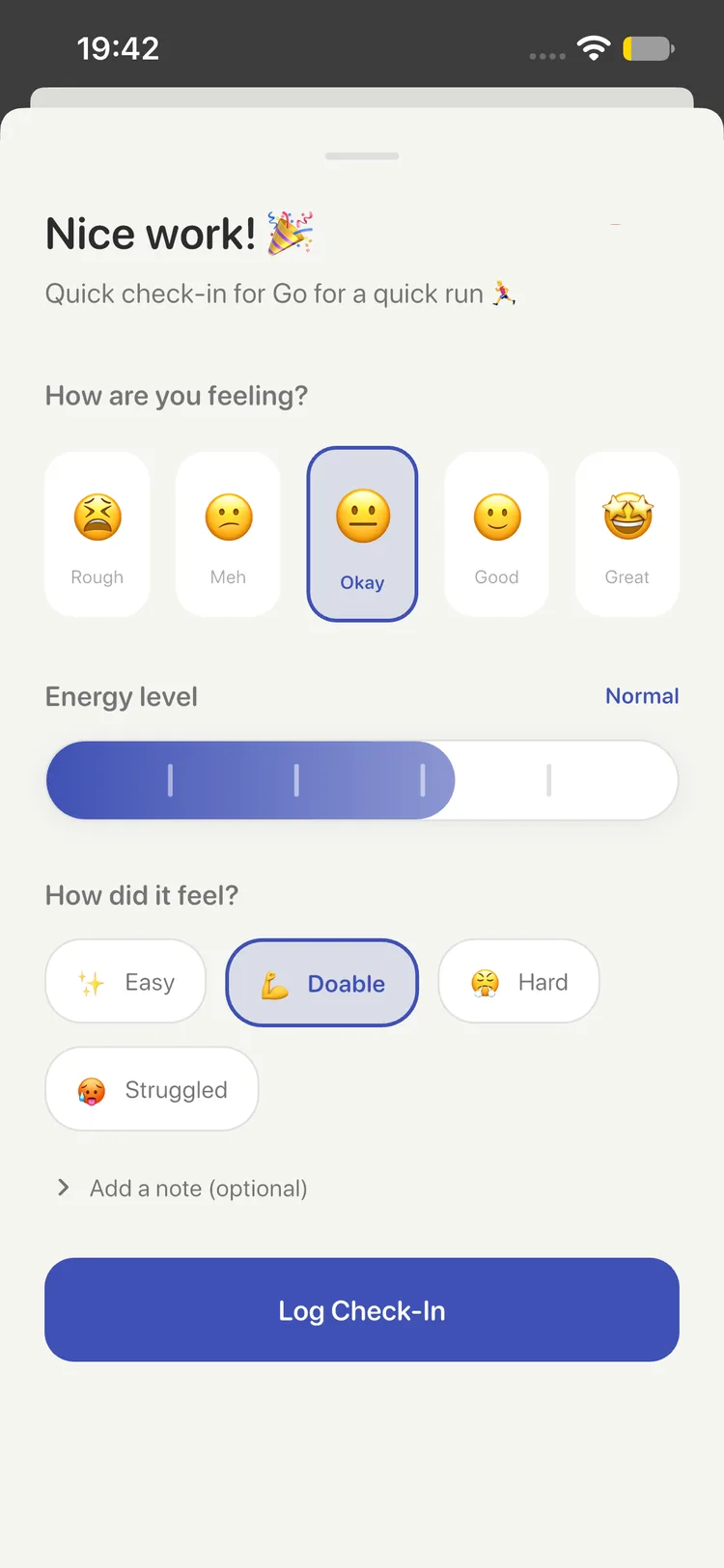 Hubbit check-in after a habit, asking for mood, energy, and how it felt.