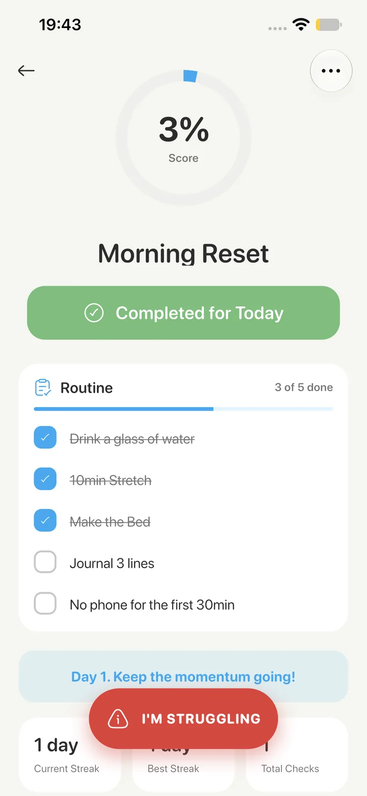 Hubbit reminders for a morning routine, with the day's steps.