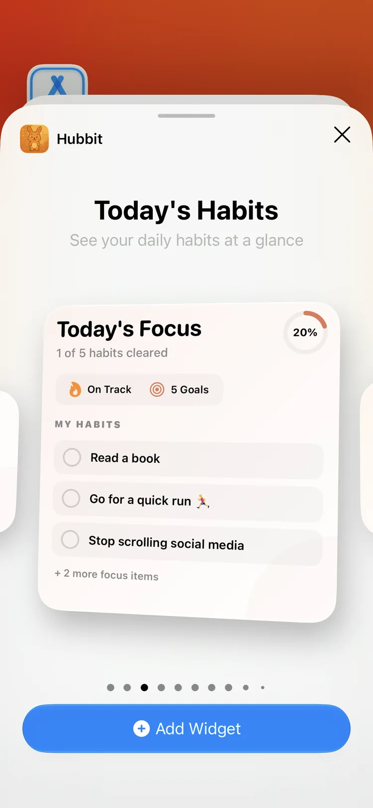 iPhone home screen with a medium Hubbit widget for today's habits.