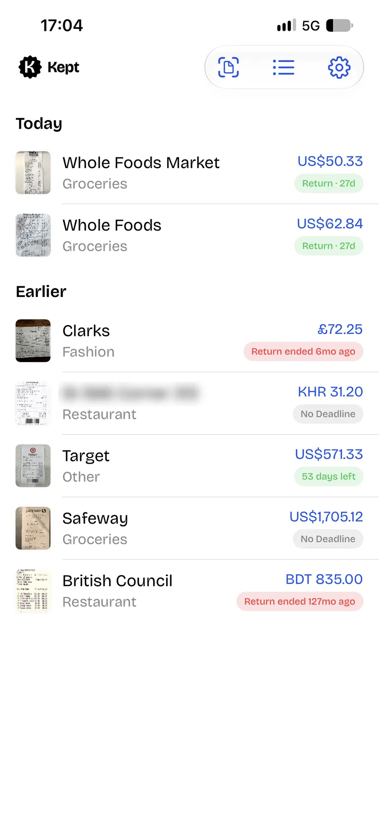Kept home list of recent purchases, with a return window beside each one.