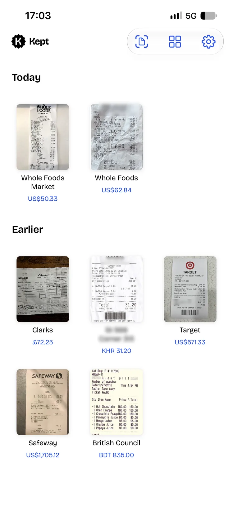 Kept today view, with receipt photos for Whole Foods and earlier purchases.
