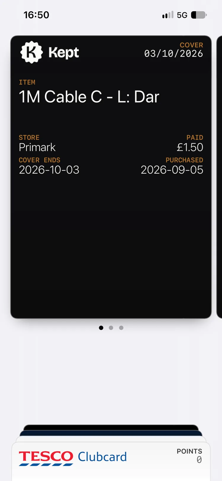 Kept cover screen for a Primark purchase, with the cover end date and the original receipt.