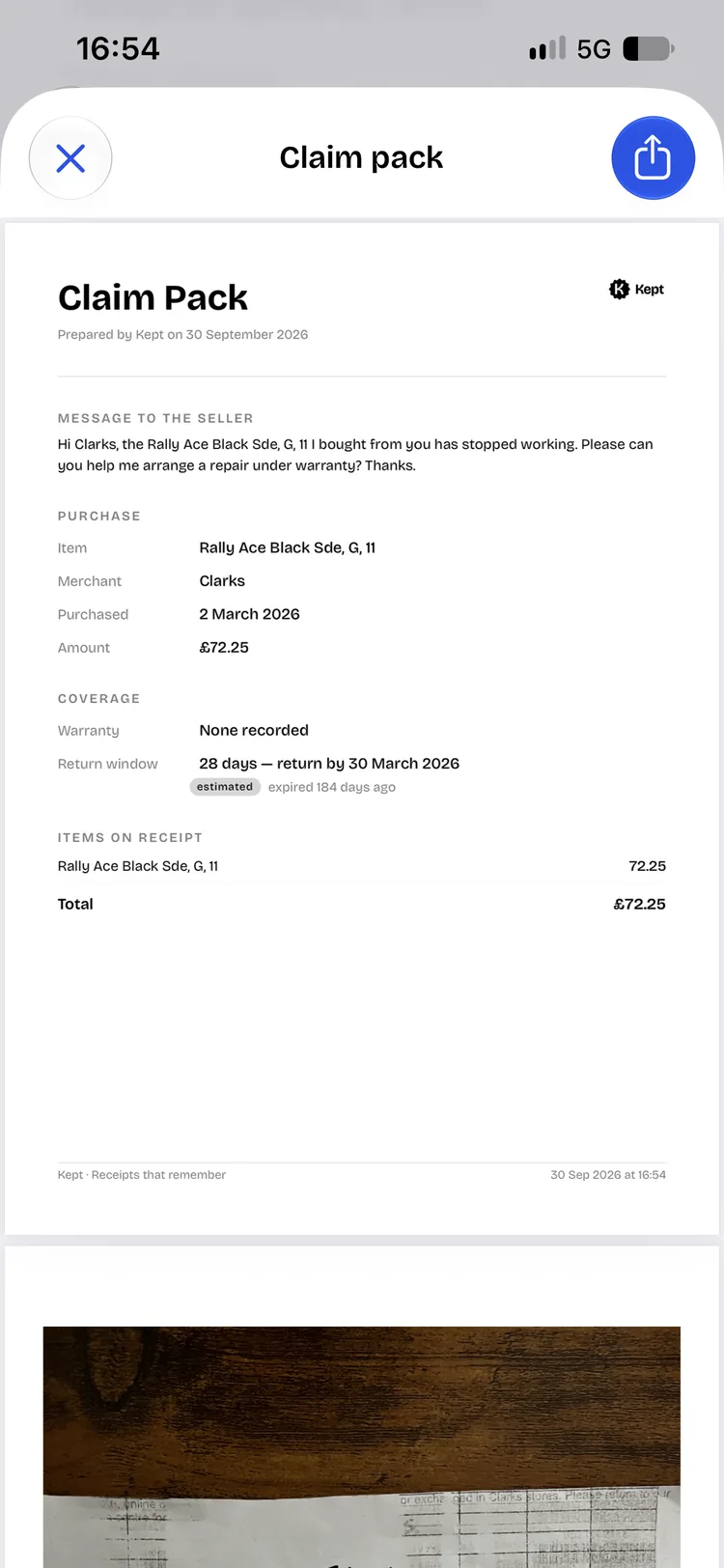 Kept claim pack for a Clarks purchase, with a message to the seller and the return window.