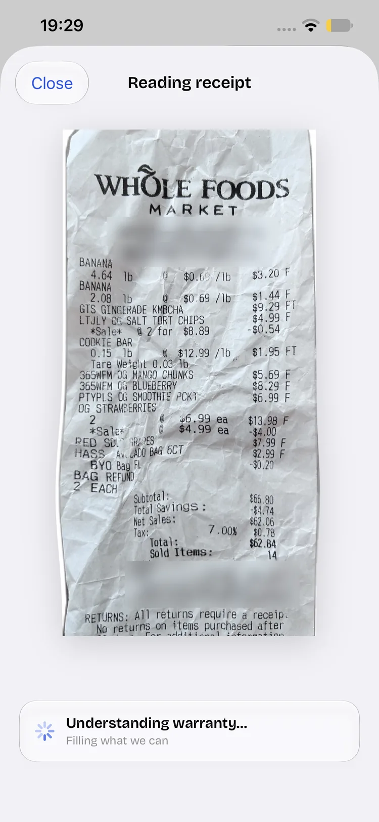Kept reading a Whole Foods receipt and filling in what it can from the photo.