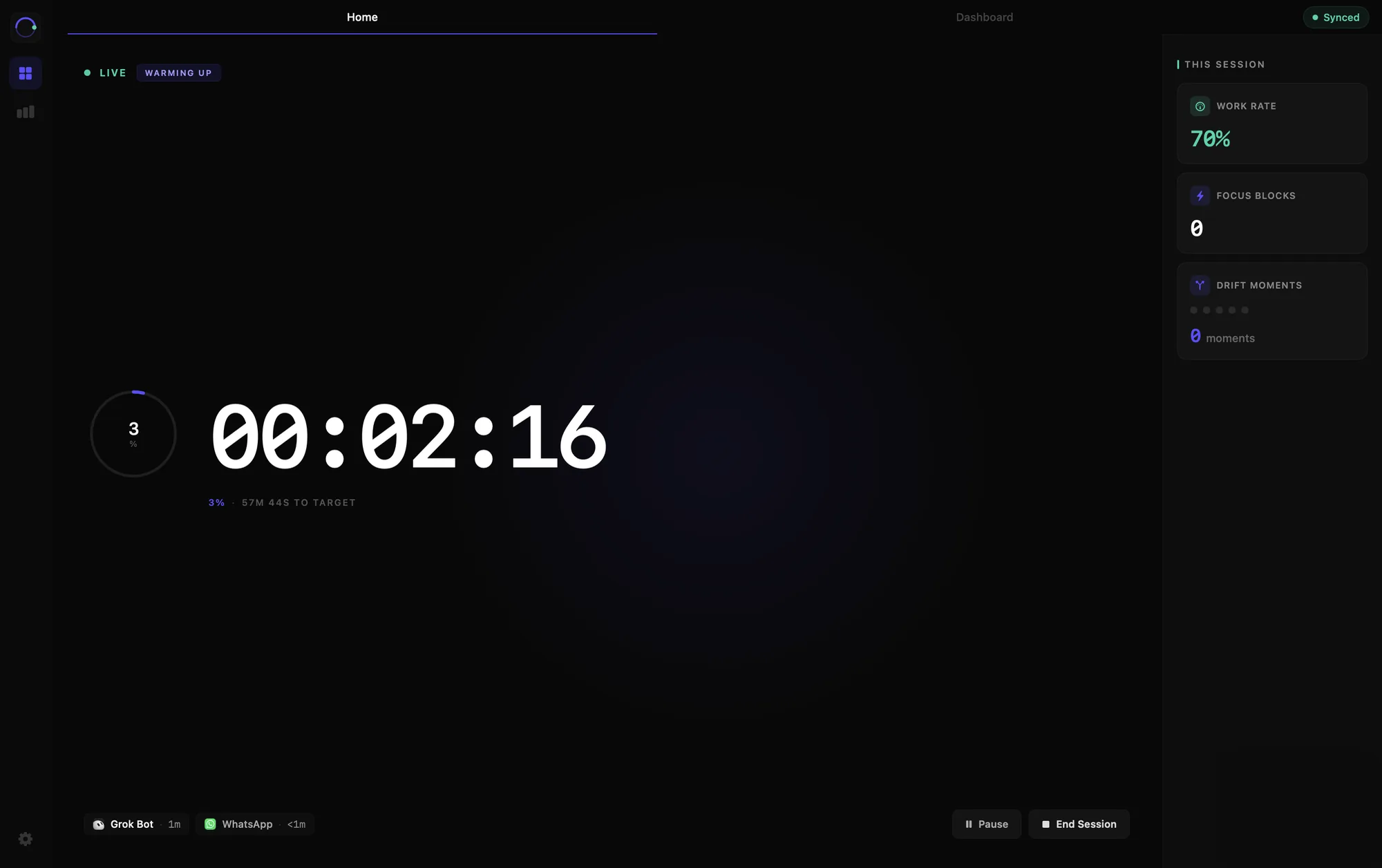 Motivv live focus session, with the timer, work rate, focus blocks, and drift moments.
